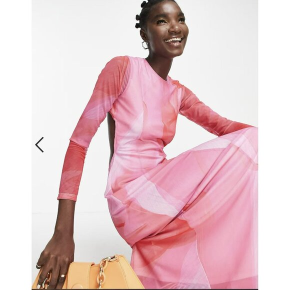 Topshop Pink Watercolor Maxi Dress Abstract Open Back Sz 4-6 Small NWT - Picture 4 of 9